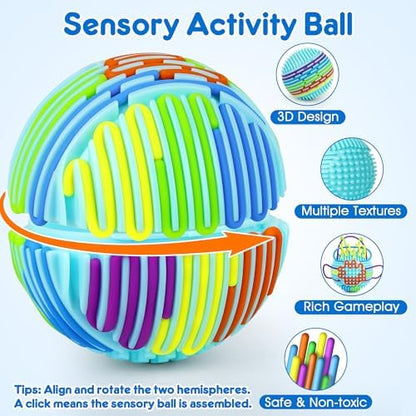 Close up view of hands threading a textured pink silicone string into the groove of the sensory activity ball