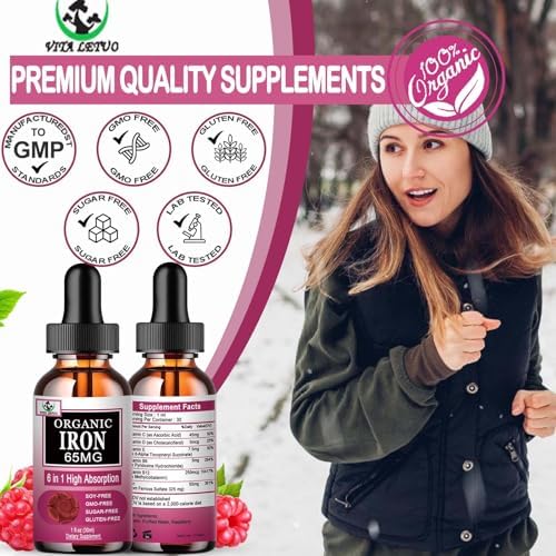 Vita Letuo liquid iron drops being added to a glass of water for easy daily consumption.