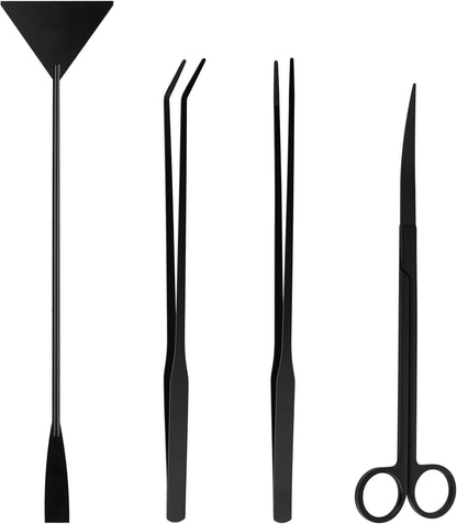 Ohtomber Tifanso aquarium aquascape tools kit front view showing four stainless steel black pieces