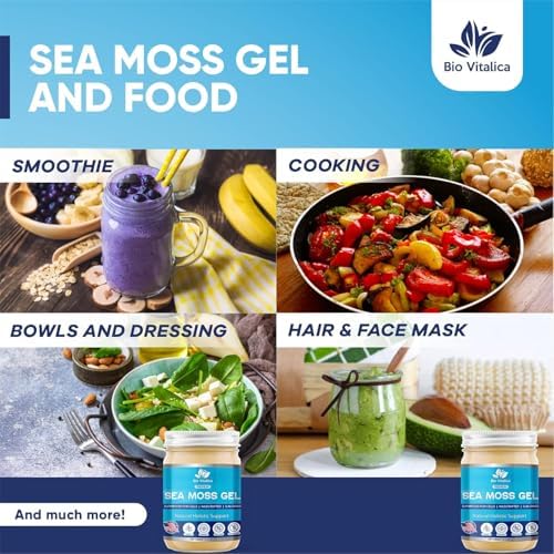 Authentic BioVitalica organic Irish moss gel imported jar illustrating usage for smoothies and skincare masks.