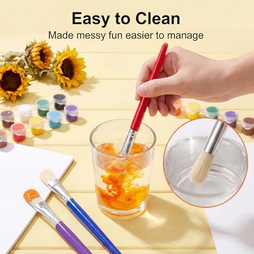 Easy grip handles on the washable children paint brushes designed for small toddler hands.
