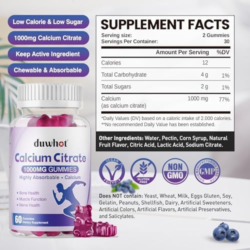 Duwhot blueberry flavored calcium supplement gummies nutrition label