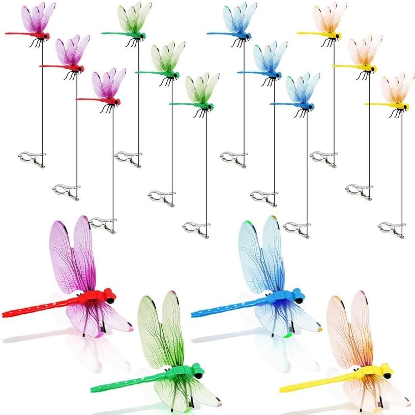 Cushry 12 Pack Dragonfly Clips realistic fake dragonfly garden stakes front view