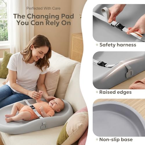 Mallify grey nursery changing table pad highlighting the non-slip base security feature