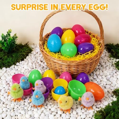 Vibrant pink purple green and yellow jumbo plastic egg shells open beside their matching fluffy plush chick interior fillers