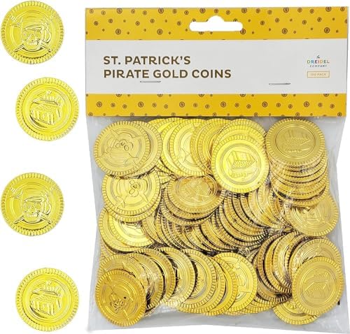 Bulk set of shiny plastic pirate treasure coins piled inside a novelty chest.