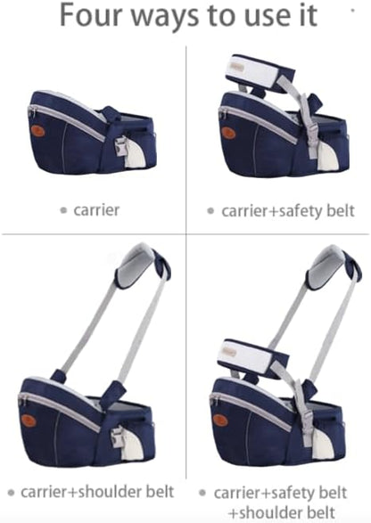 Honch baby waist carrier in dark blue packed and ready for travel demonstrating its lightweight portable design.