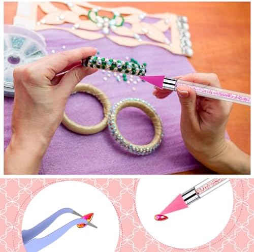Two stainless steel precision tweezers placing a micro bead onto a decorative diamond painting design