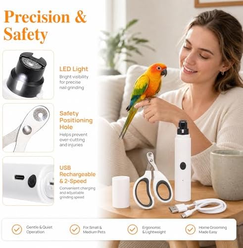 Two pieces set of pet bird claw files showing included USB charging cable accessory