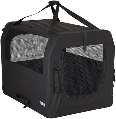 Thule portable soft sided pet crate folded down completely flat for compact storage.