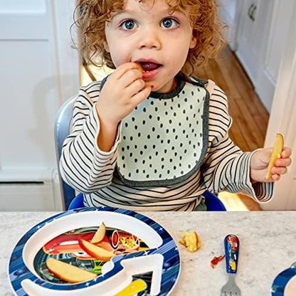 Close up of stainless steel toddler fork and spoon with Cars handles