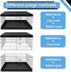 Escape proof overhead enclosure cover protecting small dogs inside a metal wire fence setup.