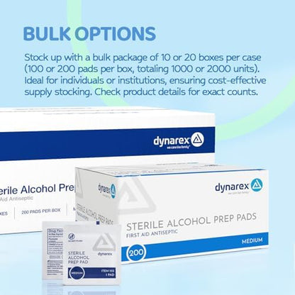 Bulk pack of 200 Dynarex sterile alcohol prep pads for home and clinical use