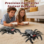 Kids playing with black wall climbing spider in indoor setting