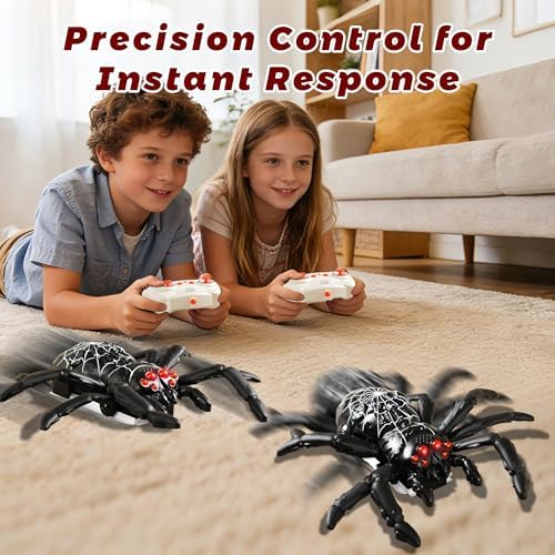 Kids playing with black wall climbing spider in indoor setting