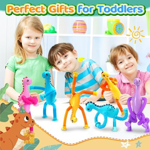 Toddler playing with stretchable suction cup dinosaur fidget toy
