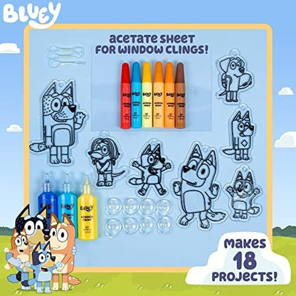 Children painting Bluey and Bingo suncatcher frames with easy-squeeze window paint tubes.