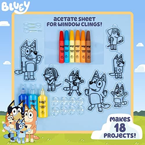 Children painting Bluey and Bingo suncatcher frames with easy-squeeze window paint tubes.