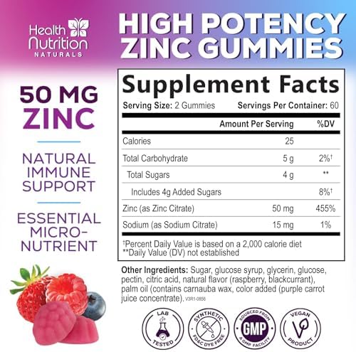 Extra strength 50mg berry flavored zinc vitamins by Health Nutrition Naturals