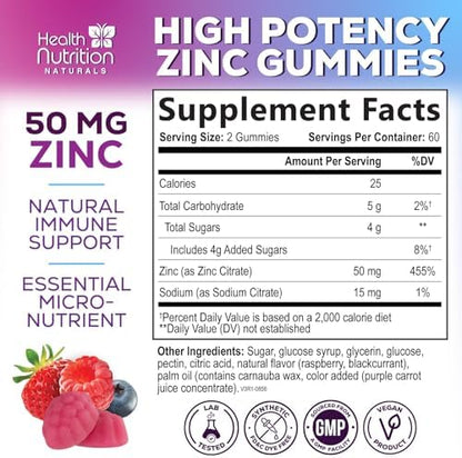 Extra strength 50mg berry flavored zinc vitamins by Health Nutrition Naturals