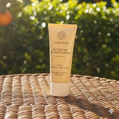Lumivera SunnyVeil Tone Soften Defense Cream packaging details highlighting hydrating UV shield and soft coverage formula
