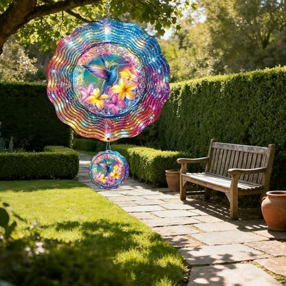 Stainless steel wind spinner reflecting sunlight outdoors