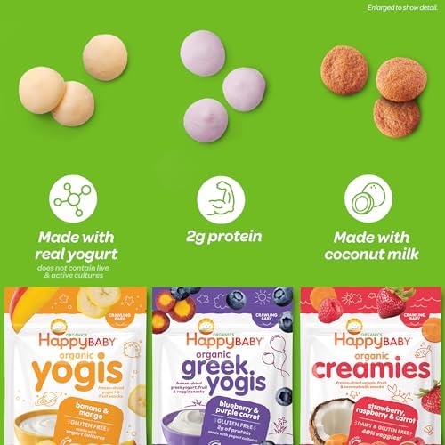 Happy Baby organic treats pouch back view showing ingredients and nutritional facts