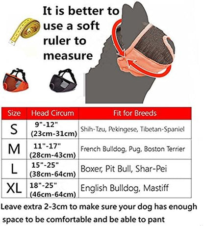 Black mesh bulldog muzzle being measured for proper fit behind the ears