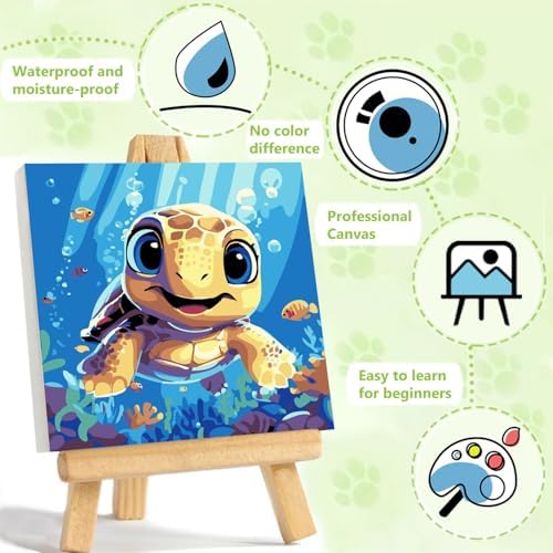 Reivworl children's mini wooden tabletop easel holding the framed turtle artwork