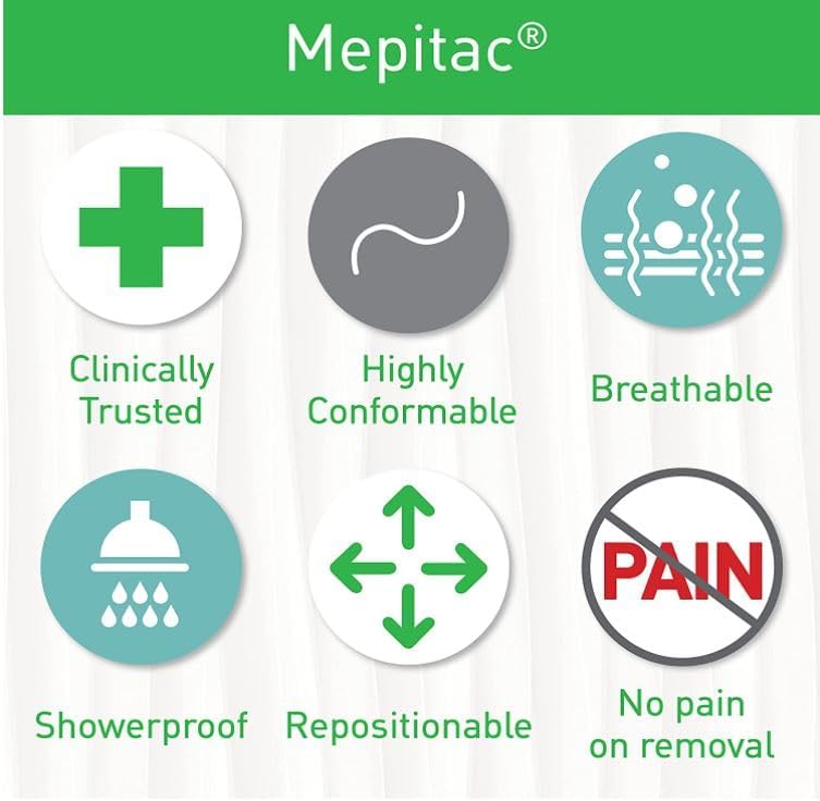 Waterproof Mepitac soft silicone tape with Safetac technology for painless removal on fragile skin