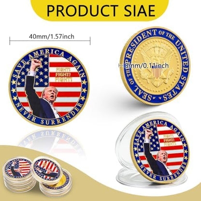 President Donald Trump collectible coin showing Never Surrender slogan details