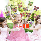 Top view of twenty different vibrant and colorful patterns of wind up flying butterfly party favors