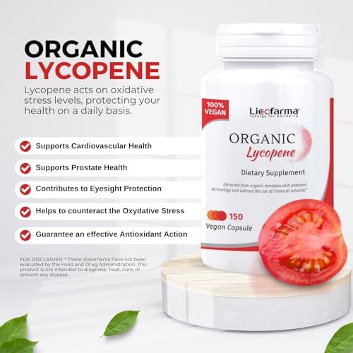 Side view of Licofarma vegan lycopene dietary supplement bottle highlighting the premium clean ingredient certifications.