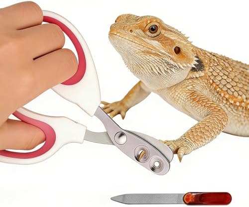 Stainless steel lizard trimmer scissors with pink accented ergonomic handles.