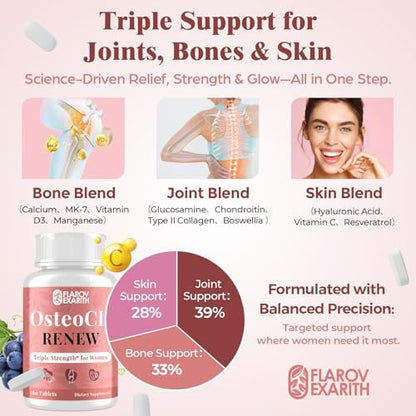 Joint Supplements for Women OsteoCII Renew Triple Strength – Advanced Joint, Bone & Skin Formula – Collagen, Glucosamine, Chondroitin, Calcium, MK-7, Vitamin D3, Hyaluronic Acid, 180 Tablets - Image 6