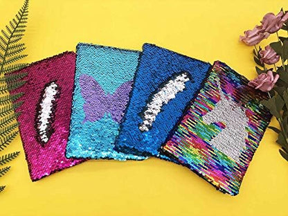Top down view of the butterfly design on the sequin journal cover.