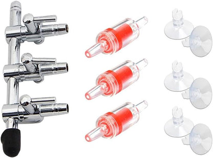 Stainless steel dual outlet oxygen splitter valve connected to a standard aquarium air hose.