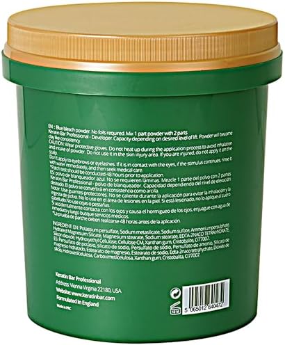 Dust free blue hair lightener powder container highlighting nine levels of maximum lift