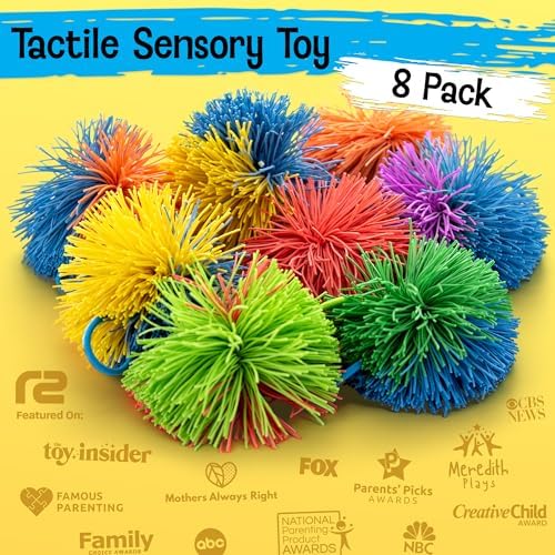 Vibrant multicolor monkey balls fidget toys being stretched and squeezed for stress relief.