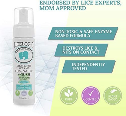 LiceLogic peppermint lice treatment mousse bottle and metal comb kit