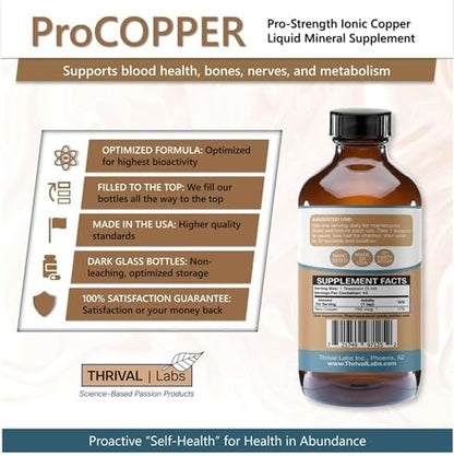Back label view of Thrival Labs 30 PPM ionic colloidal copper liquid dietary supplement.