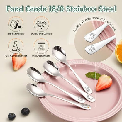 DRKIO metal toddler utensils demonstrating small size and ergonomic handle design for children