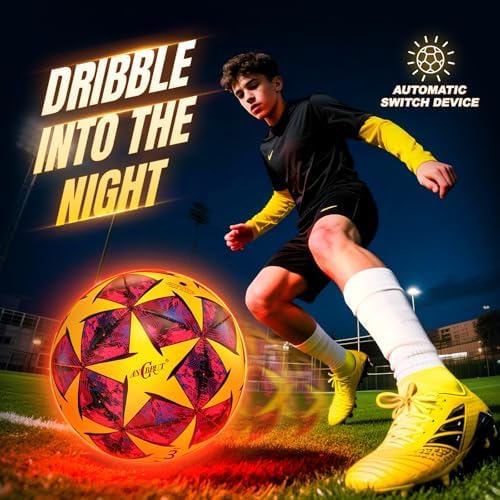 ANCBRUT glow in the dark football illuminating brightly at night during an outdoor evening game.