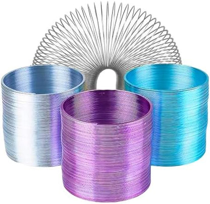 Silver metallic walking spring toy showing flexible coils stretching open