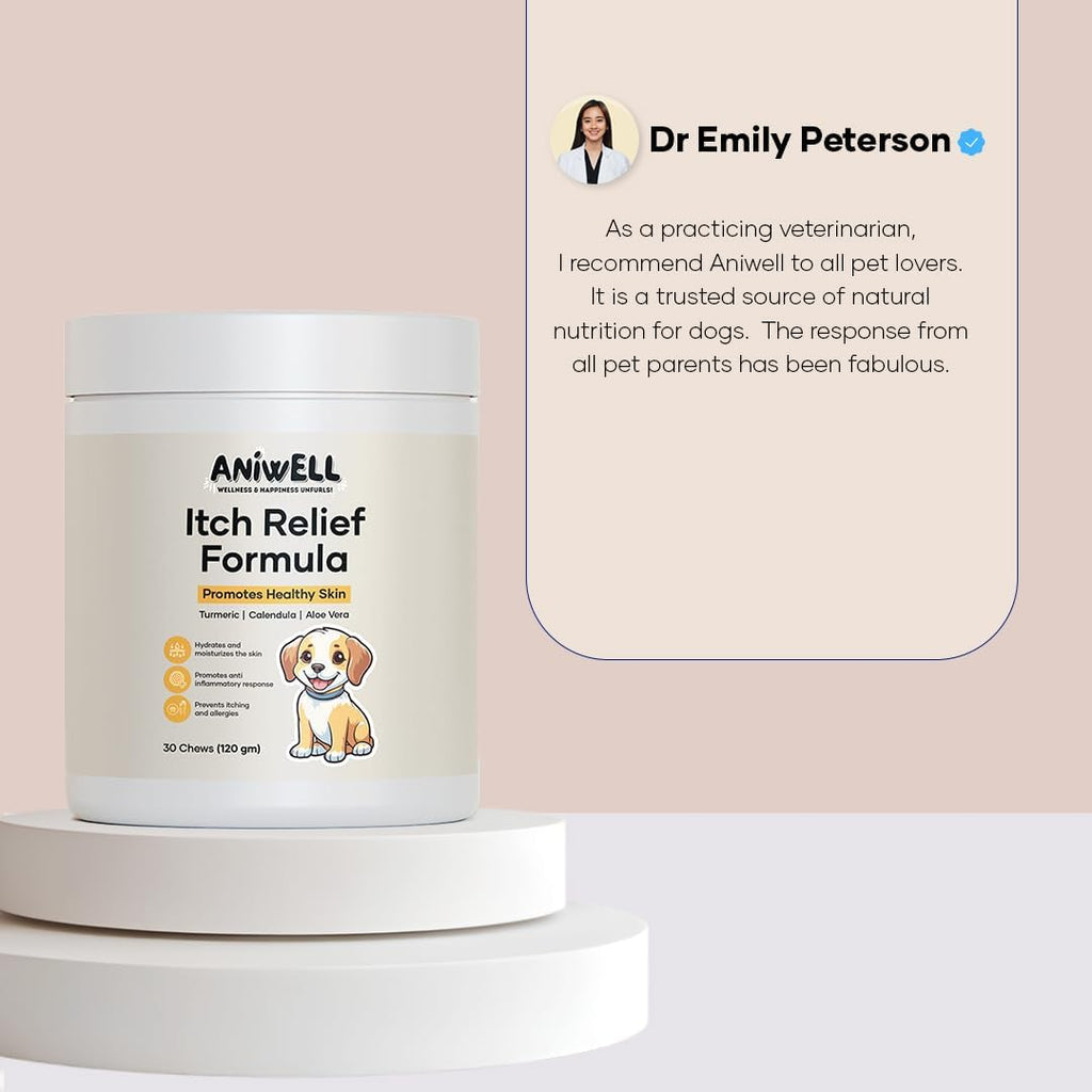 Weight-based daily dosage directions on the back label of the pet skin and coat health supplement jar.