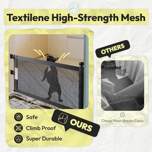 Retracted mesh pet gate showing space saving wall mount setup