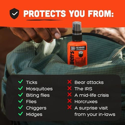 Ben's 100 travel size bug spray held in hand showing portability