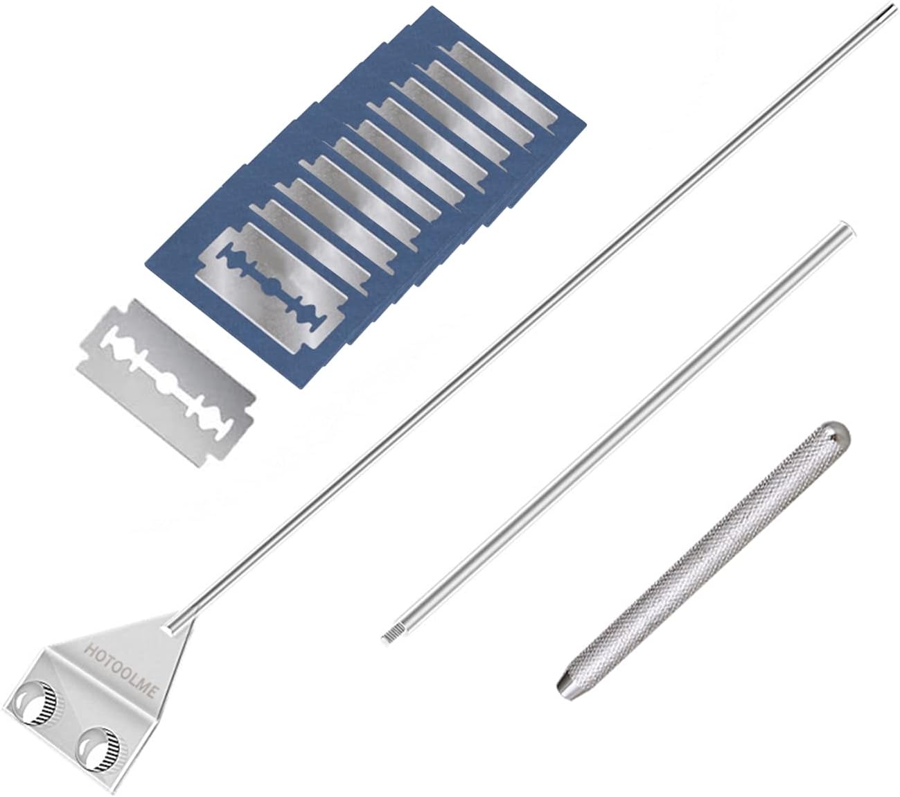 HOTOOLME stainless steel aquarium scraper front view showing long extendable handle for glass cleaning