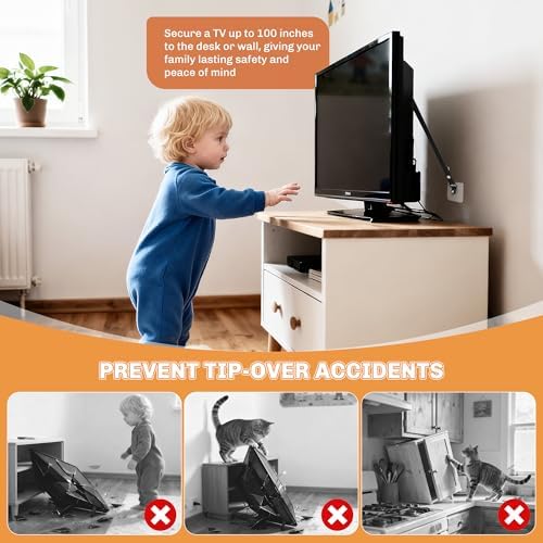 Two pack no drill anti tip furniture anchors applied to the back of a flat screen television.