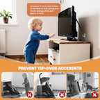 Two pack no drill anti tip furniture anchors applied to the back of a flat screen television.